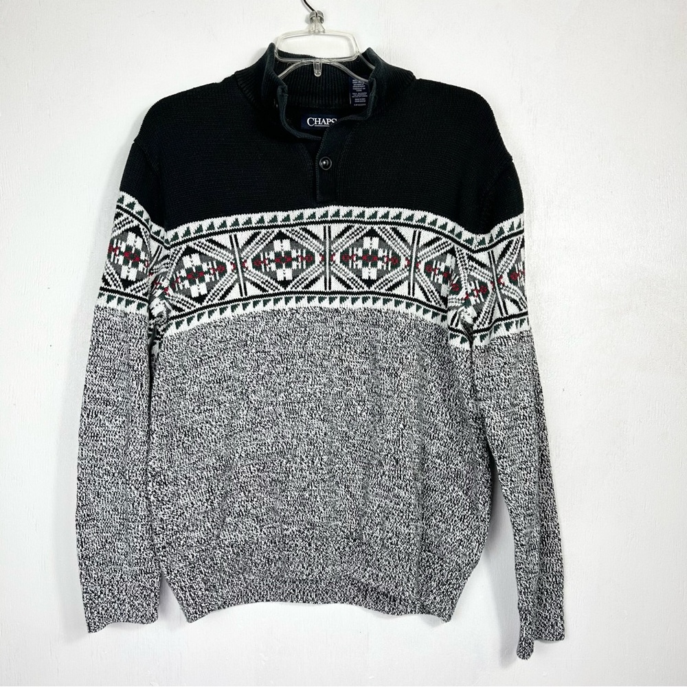 CHAPS | Henley pullover 1/4 button knit sweater fair isle long sleeve holiday